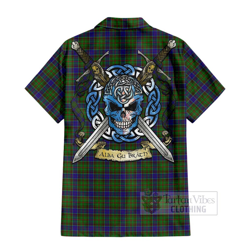 Tartan Vibes Clothing Adam Tartan Short Sleeve Button Shirt with Family Crest Celtic Skull Style