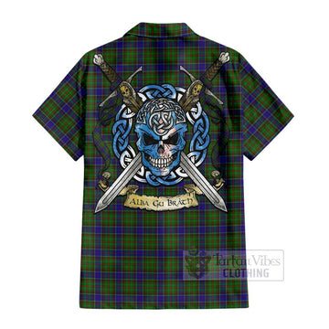 Adam Tartan Short Sleeve Button Shirt with Family Crest Celtic Skull Style