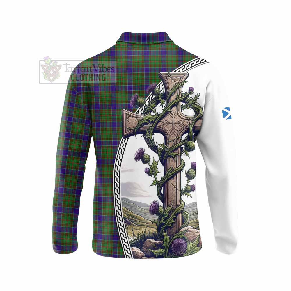 Tartan Vibes Clothing Adam Tartan Long Sleeve Polo Shirt with Family Crest and St. Andrew's Cross Accented by Thistle Vines