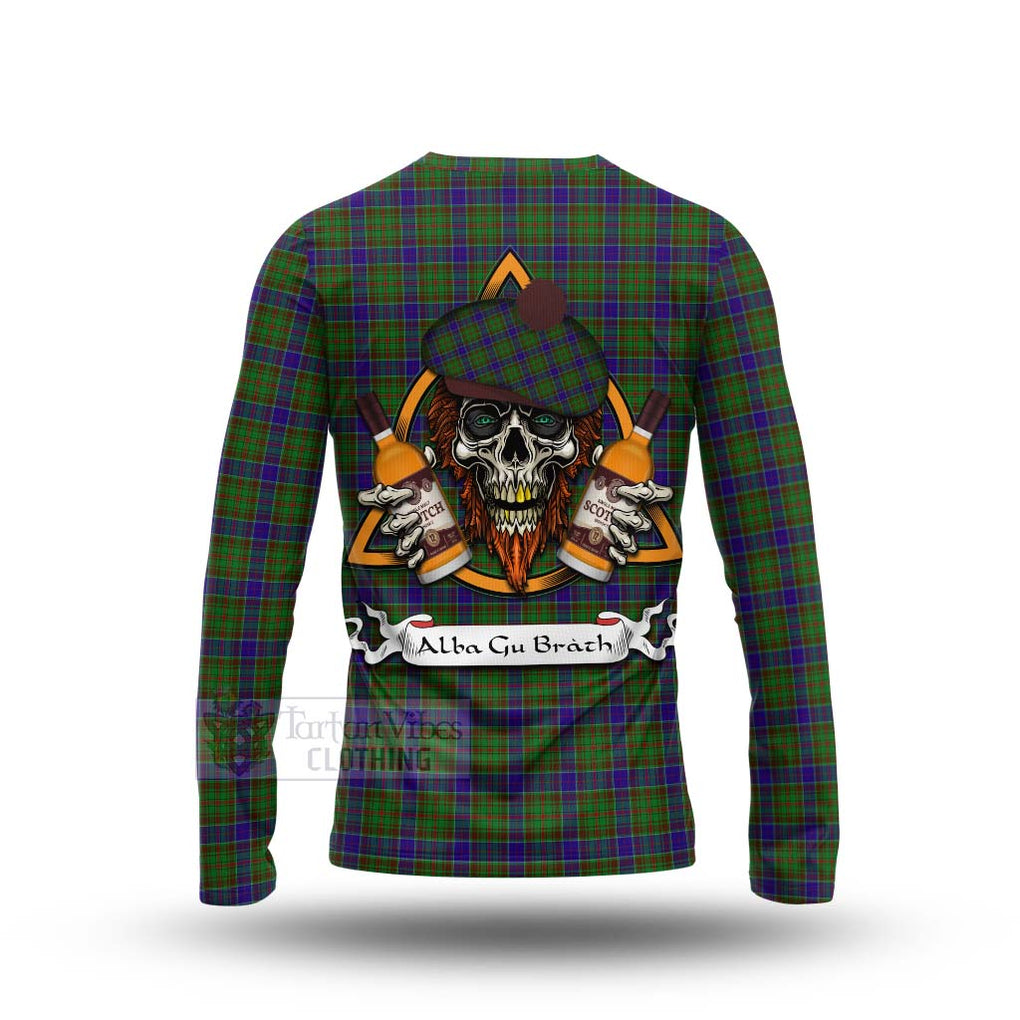 Tartan Vibes Clothing Adam Tartan Long Sleeve T-Shirt with Family Crest and Bearded Skull Holding Bottles of Whiskey