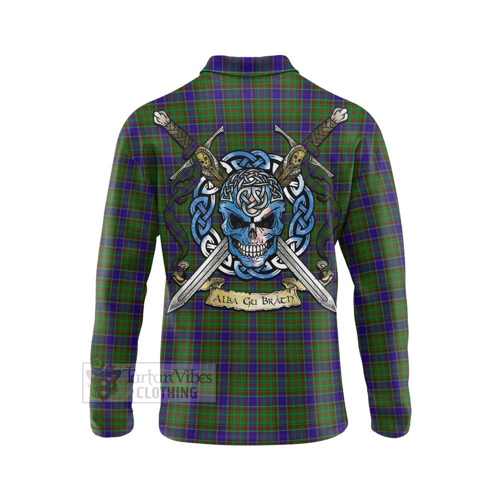 Tartan Vibes Clothing Adam Tartan Long Sleeve Polo Shirt with Family Crest Celtic Skull Style