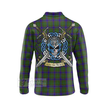 Adam Tartan Long Sleeve Polo Shirt with Family Crest Celtic Skull Style