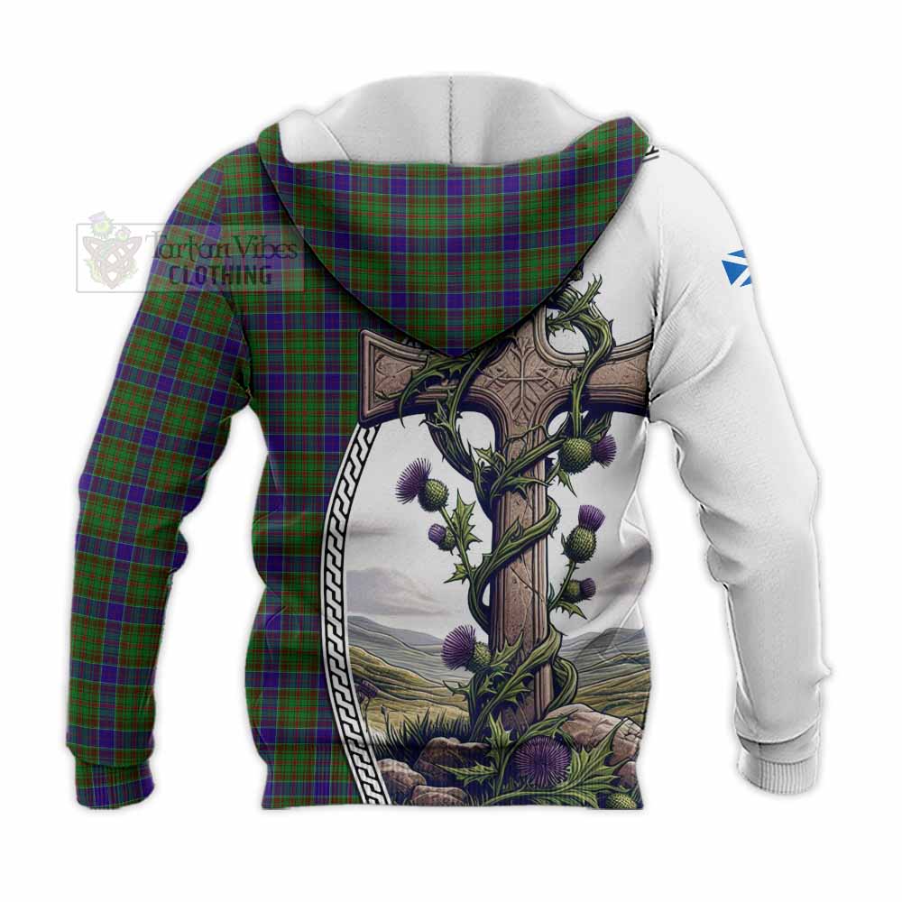 Tartan Vibes Clothing Adam Tartan Knitted Hoodie with Family Crest and St. Andrew's Cross Accented by Thistle Vines