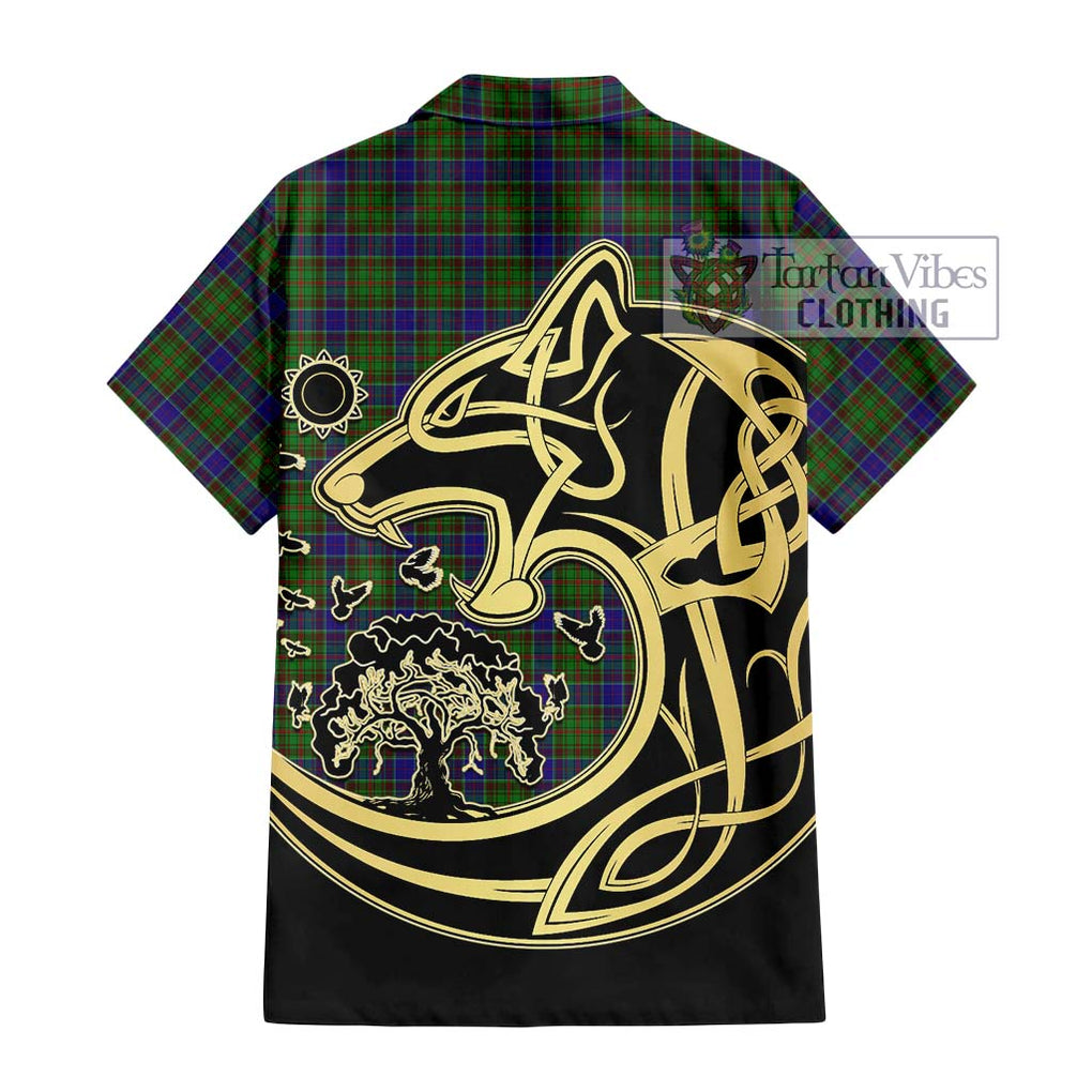 Adam Tartan Short Sleeve Button Shirt with Family Crest Celtic Wolf Style - Tartan Vibes Clothing