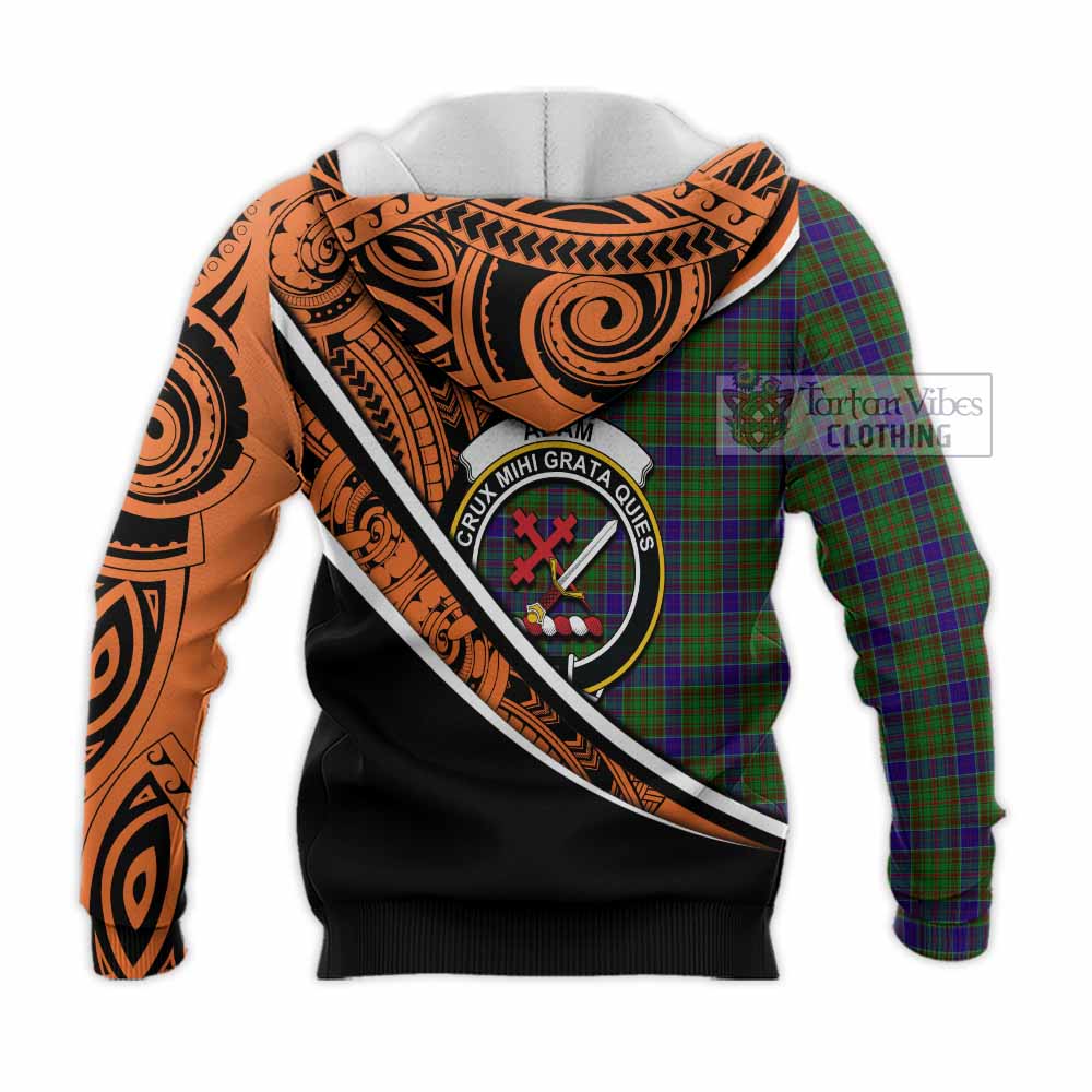 Tartan Vibes Clothing Adam Crest Tartan Knitted Hoodie with Maori Tattoo Style - Orange Version