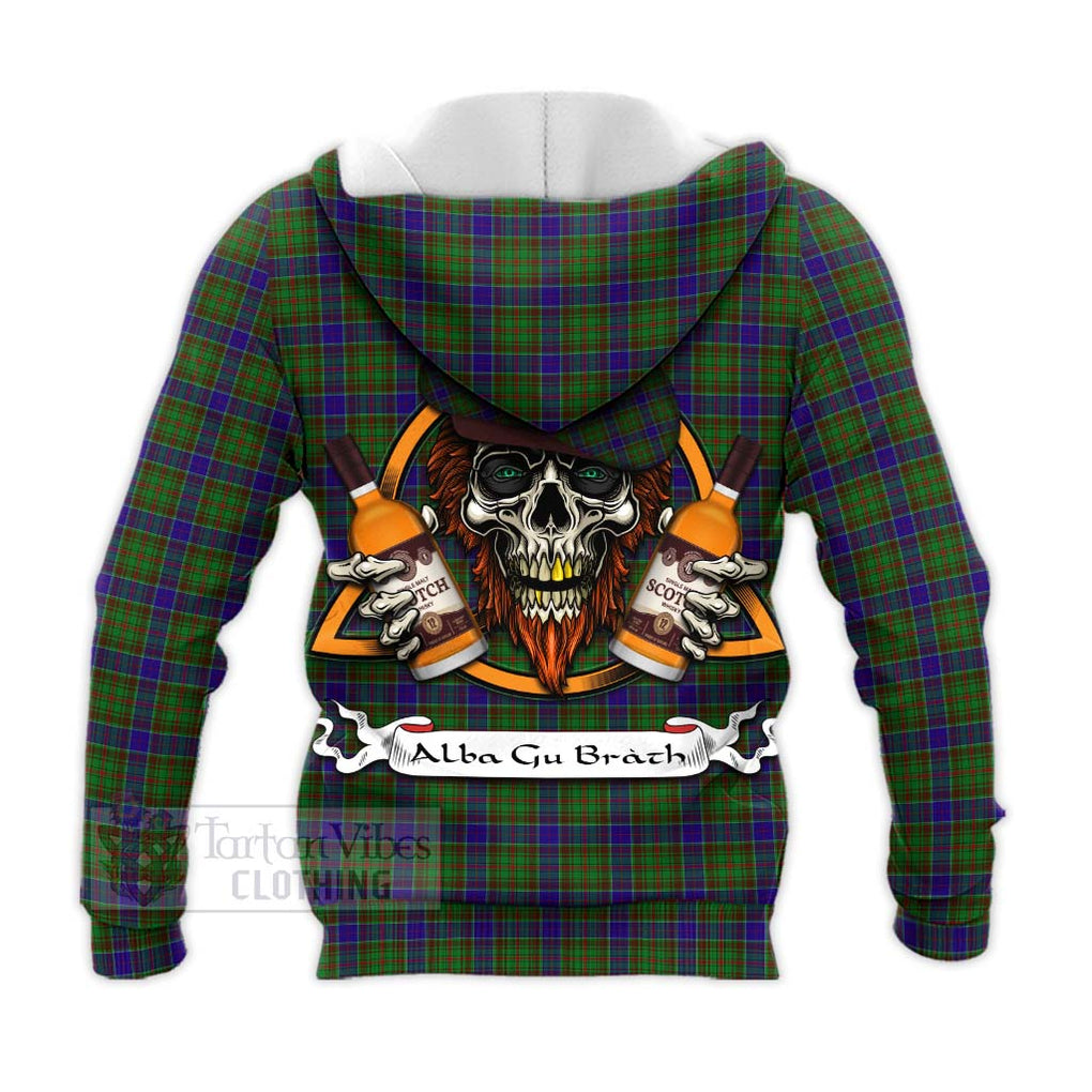 Tartan Vibes Clothing Adam Tartan Knitted Hoodie with Family Crest and Bearded Skull Holding Bottles of Whiskey