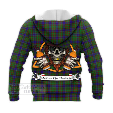 Adam Tartan Knitted Hoodie with Family Crest and Bearded Skull Holding Bottles of Whiskey