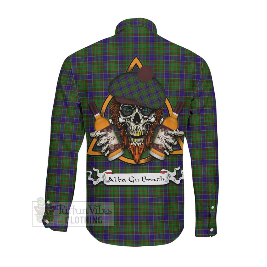 Tartan Vibes Clothing Adam Tartan Long Sleeve Button Shirt with Family Crest and Bearded Skull Holding Bottles of Whiskey