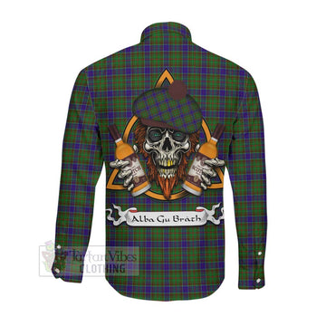 Adam Tartan Long Sleeve Button Shirt with Family Crest and Bearded Skull Holding Bottles of Whiskey