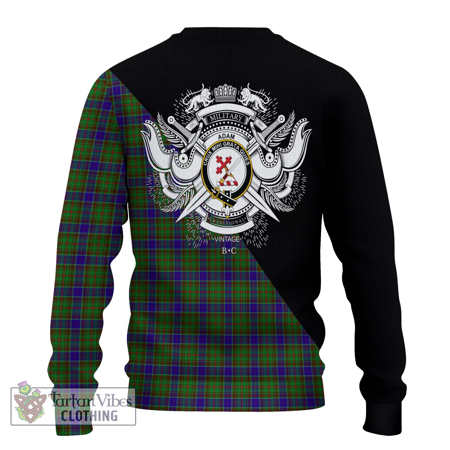 Tartan Vibes Clothing Adam Tartan Knitted Sweater with Family Crest and Military Logo Style