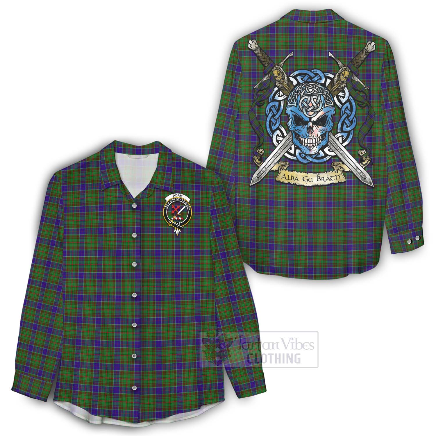 Tartan Vibes Clothing Adam Tartan Women's Casual Shirt with Family Crest Celtic Skull Style