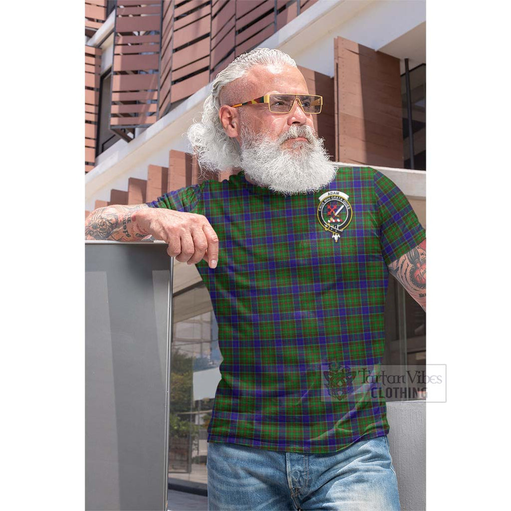 Tartan Vibes Clothing Adam Tartan Cotton T-shirt with Family Crest and Bearded Skull Holding Bottles of Whiskey