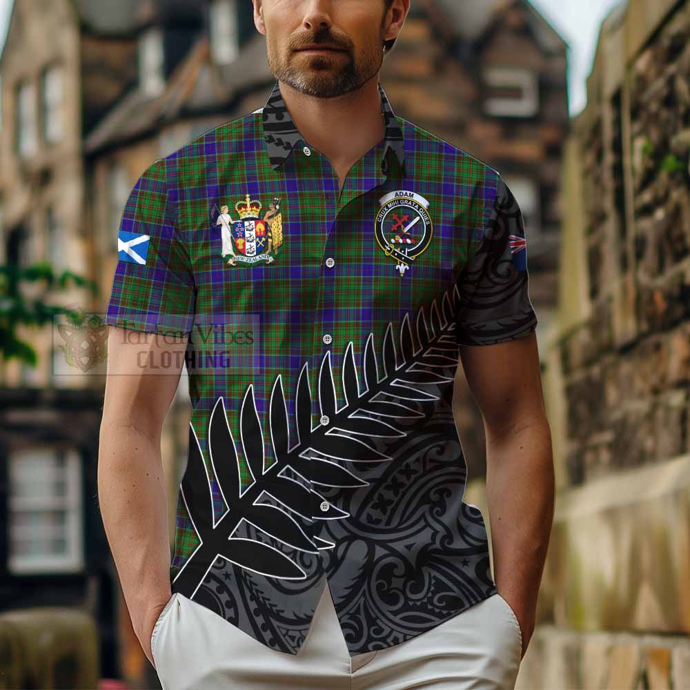 Tartan Vibes Clothing Adam Crest Tartan Short Sleeve Button Shirt with New Zealand Silver Fern Half Style