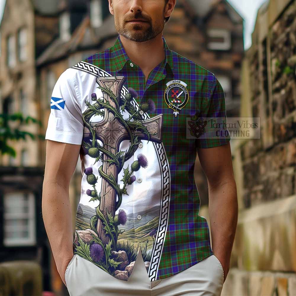 Tartan Vibes Clothing Adam Tartan Short Sleeve Button Shirt with Family Crest and St. Andrew's Cross Accented by Thistle Vines