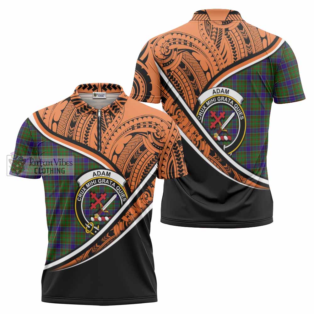 Tartan Vibes Clothing Adam Crest Tartan Zipper Polo Shirt with Maori Tattoo Style - Orange Version