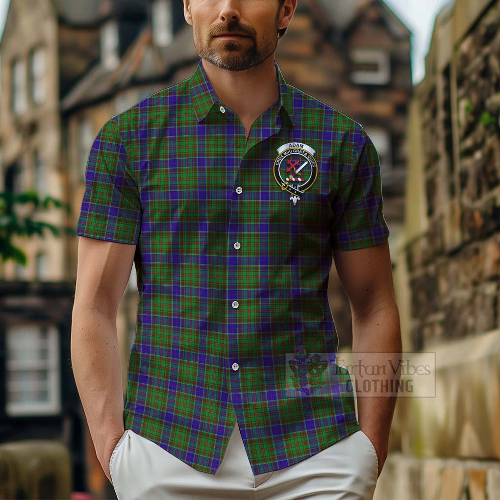 Tartan Vibes Clothing Adam Tartan Short Sleeve Button Shirt with Family Crest Celtic Skull Style