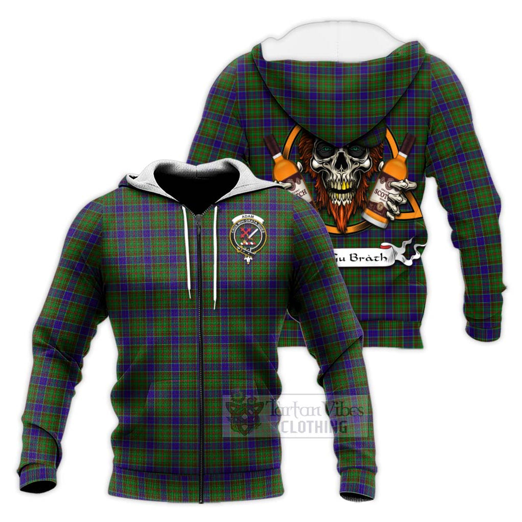 Tartan Vibes Clothing Adam Tartan Knitted Hoodie with Family Crest and Bearded Skull Holding Bottles of Whiskey