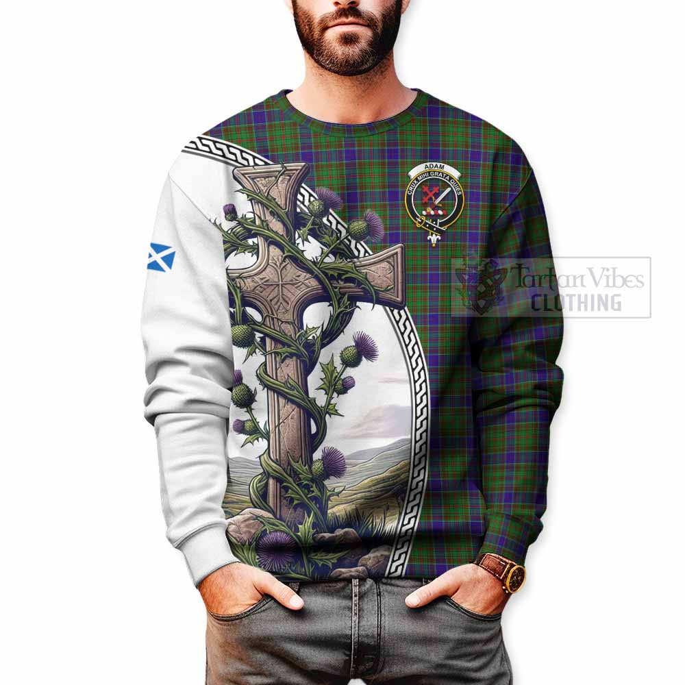 Tartan Vibes Clothing Adam Tartan Sweatshirt with Family Crest and St. Andrew's Cross Accented by Thistle Vines