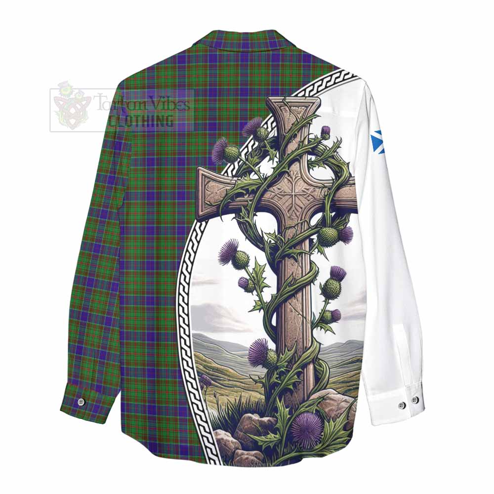 Tartan Vibes Clothing Adam Tartan Women's Casual Shirt with Family Crest and St. Andrew's Cross Accented by Thistle Vines