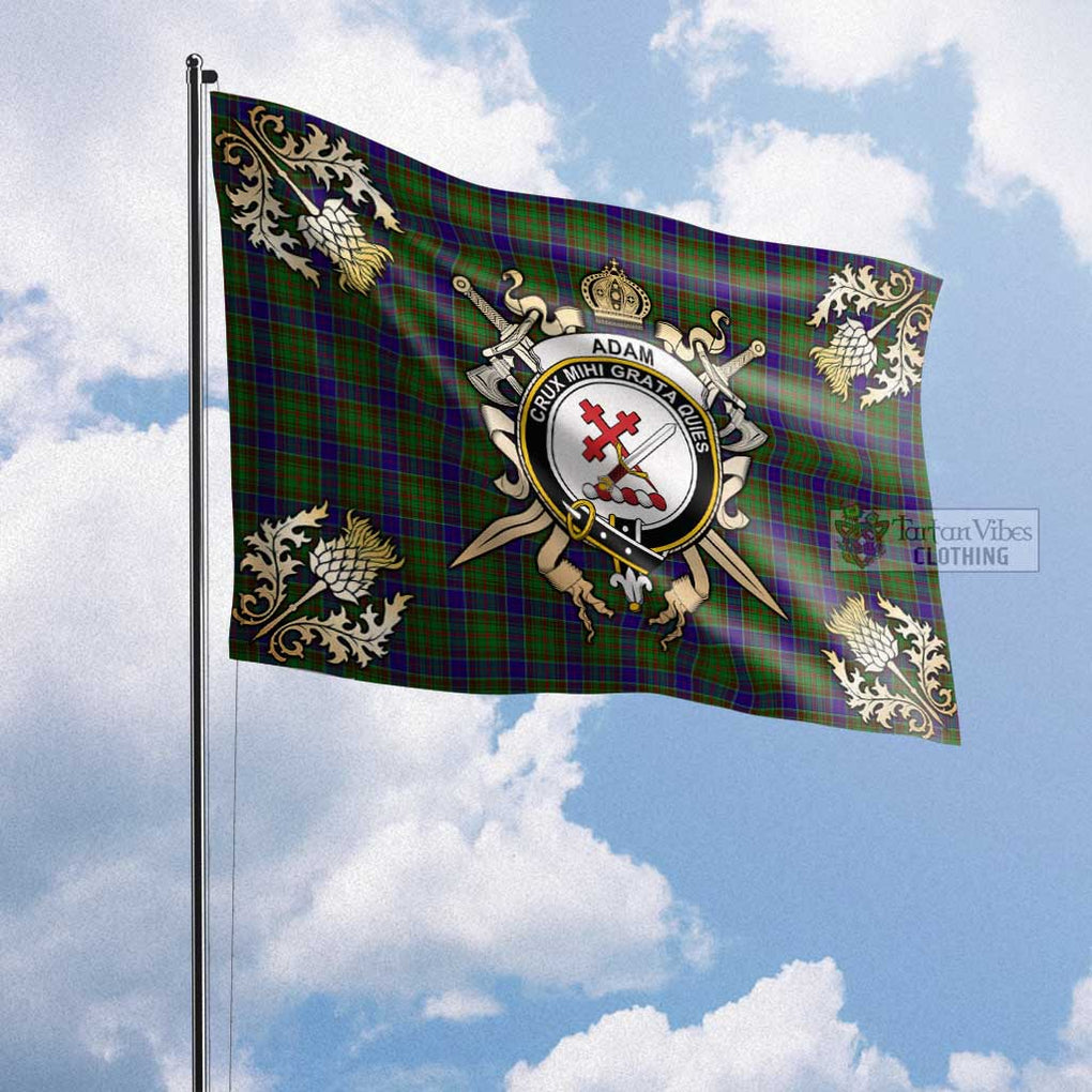 Tartan Vibes Clothing Adam Tartan Flag with Family Crest and Golden Thistle Crossed Sword Design