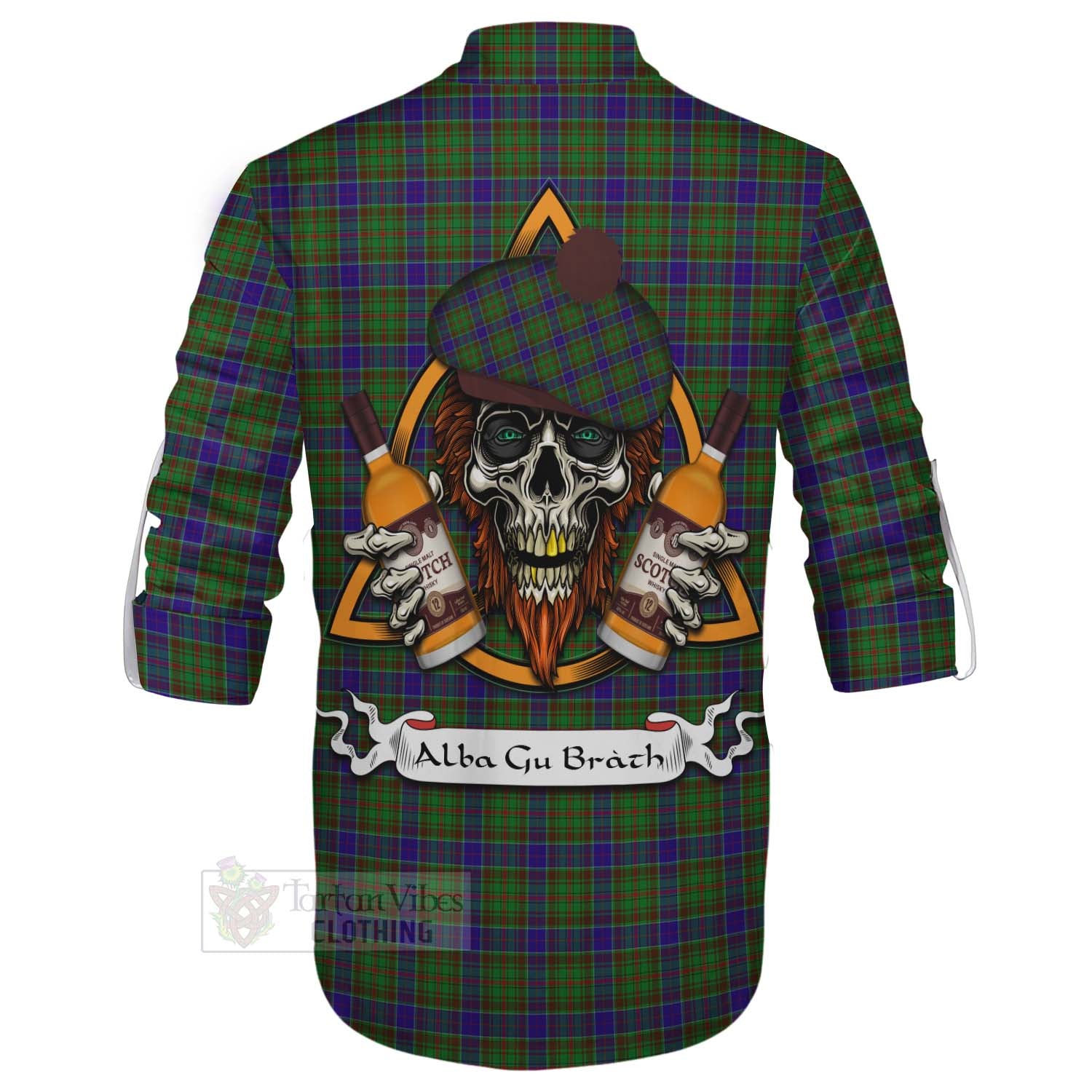 Tartan Vibes Clothing Adam Tartan Ghillie Kilt Shirt with Family Crest and Bearded Skull Holding Bottles of Whiskey