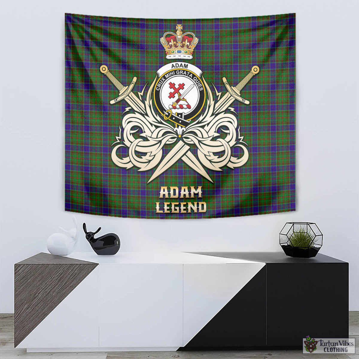 Tartan Vibes Clothing Adam Tartan Tapestry with Clan Crest and the Golden Sword of Courageous Legacy