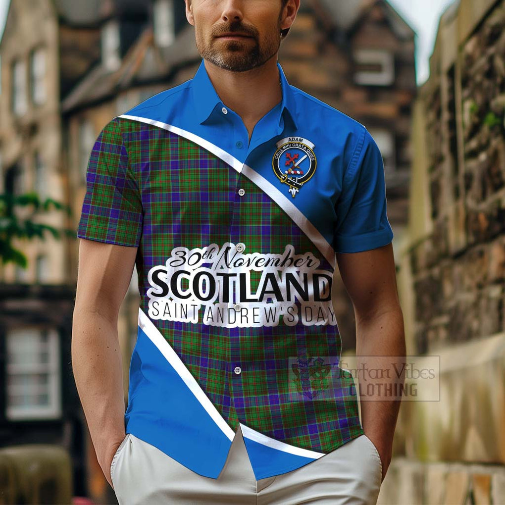 Tartan Vibes Clothing Adam Family Crest Tartan Short Sleeve Button Shirt Celebrate Saint Andrew's Day in Style