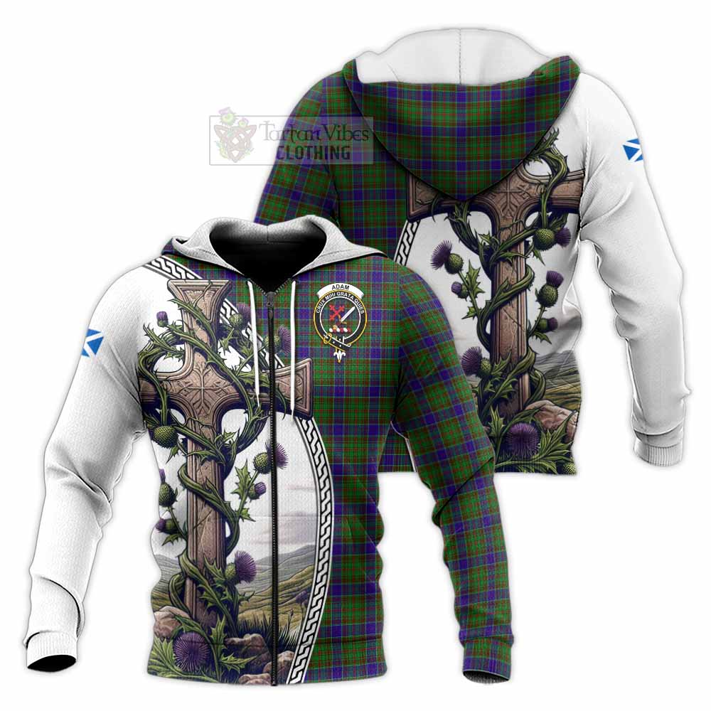 Tartan Vibes Clothing Adam Tartan Knitted Hoodie with Family Crest and St. Andrew's Cross Accented by Thistle Vines