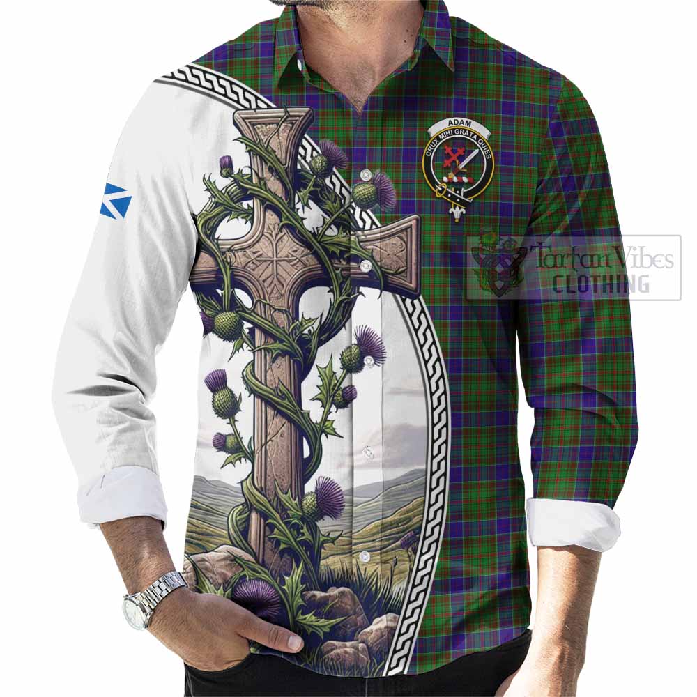 Tartan Vibes Clothing Adam Tartan Long Sleeve Button Shirt with Family Crest and St. Andrew's Cross Accented by Thistle Vines