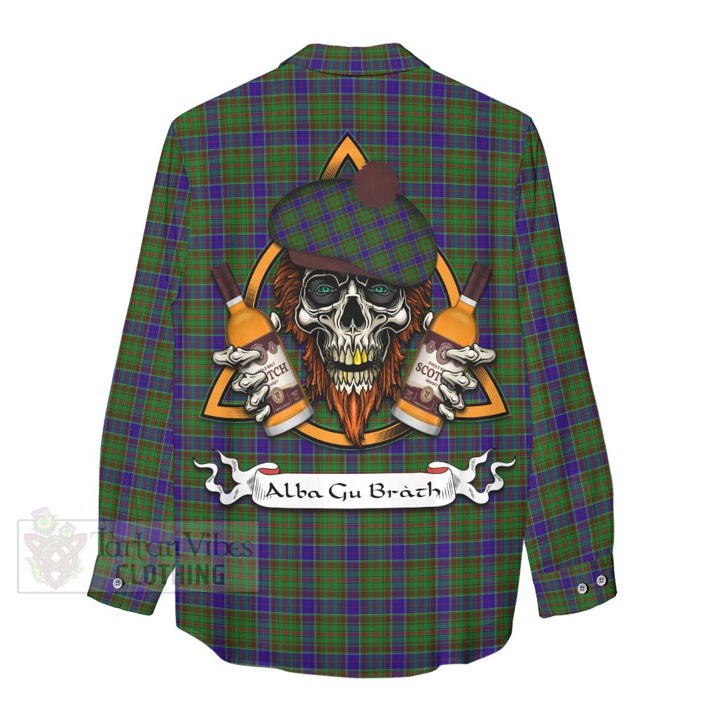 Tartan Vibes Clothing Adam Tartan Women's Casual Shirt with Family Crest and Bearded Skull Holding Bottles of Whiskey