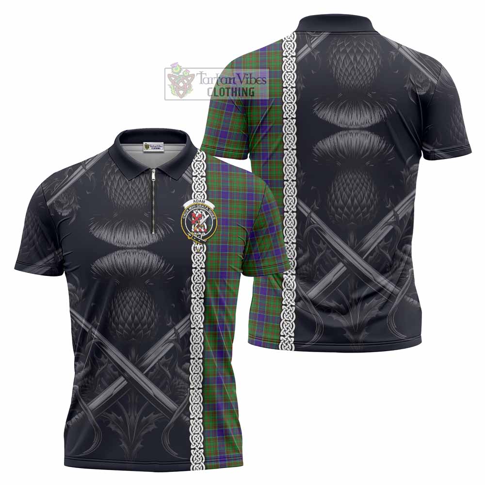 Tartan Vibes Clothing Adam Tartan Zipper Polo Shirt with Family Crest Cross Sword Thistle Celtic Vibes