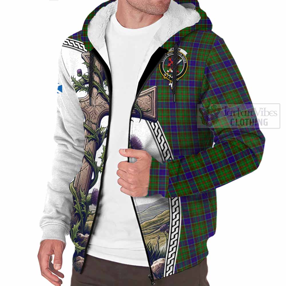 Tartan Vibes Clothing Adam Tartan Sherpa Hoodie with Family Crest and St. Andrew's Cross Accented by Thistle Vines