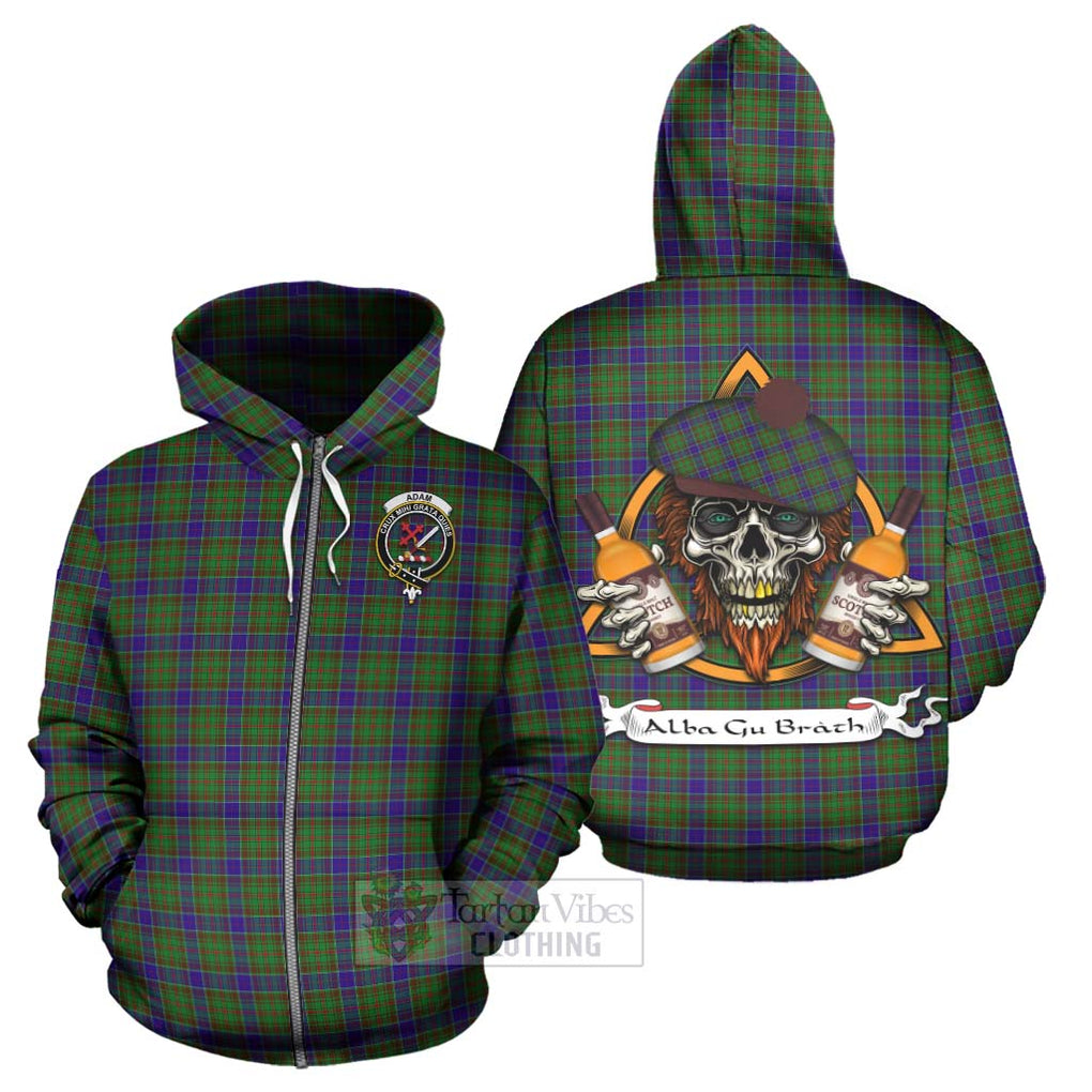 Tartan Vibes Clothing Adam Tartan Hoodie with Family Crest and Bearded Skull Holding Bottles of Whiskey