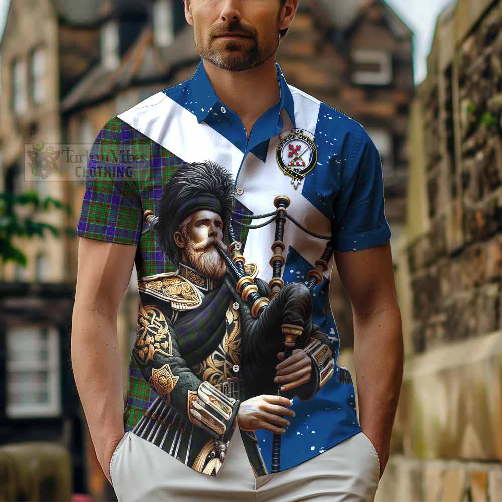 Tartan Vibes Clothing Adam Tartan Short Sleeve Button Shirt with Family Crest Scottish Bagpiper Vibes