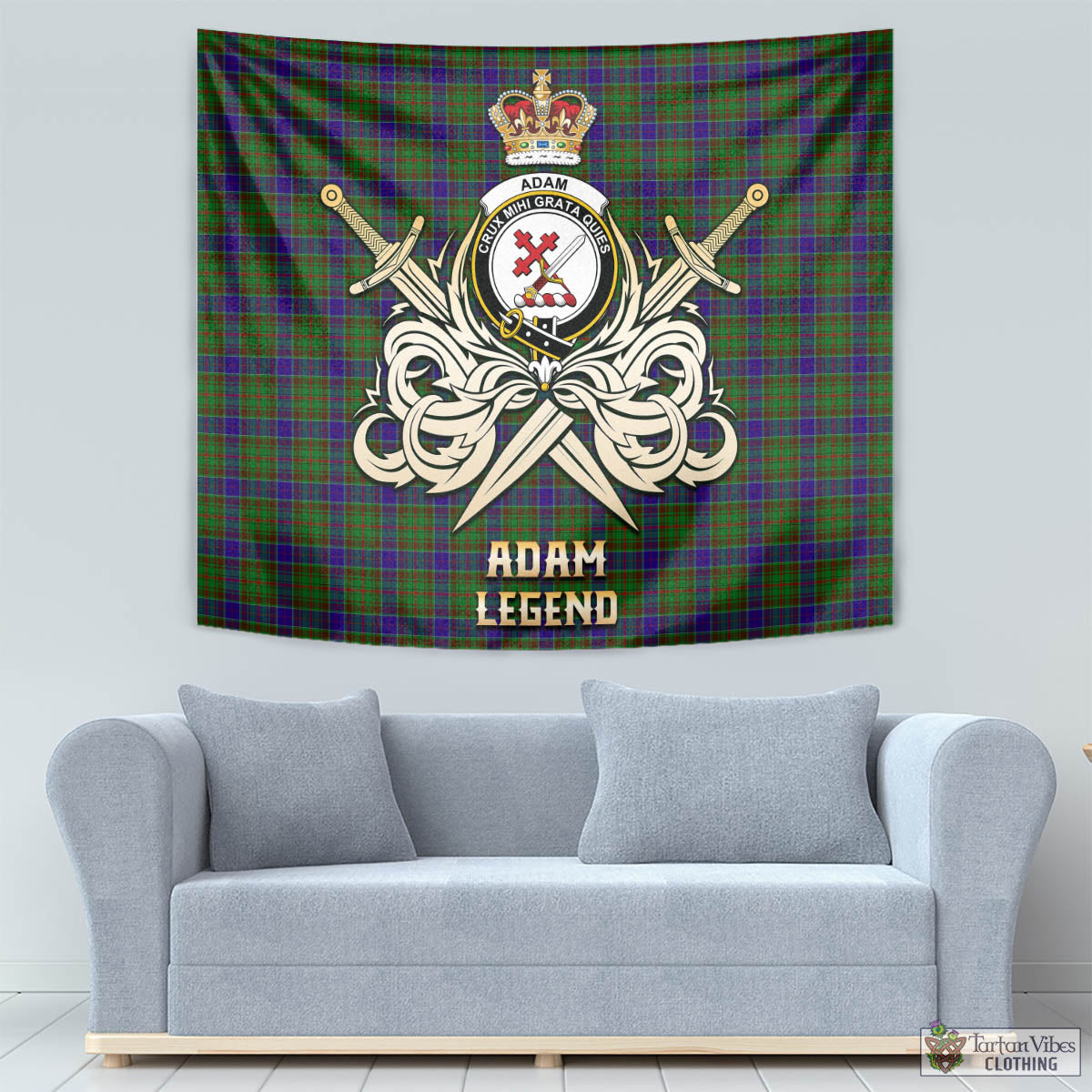 Tartan Vibes Clothing Adam Tartan Tapestry with Clan Crest and the Golden Sword of Courageous Legacy