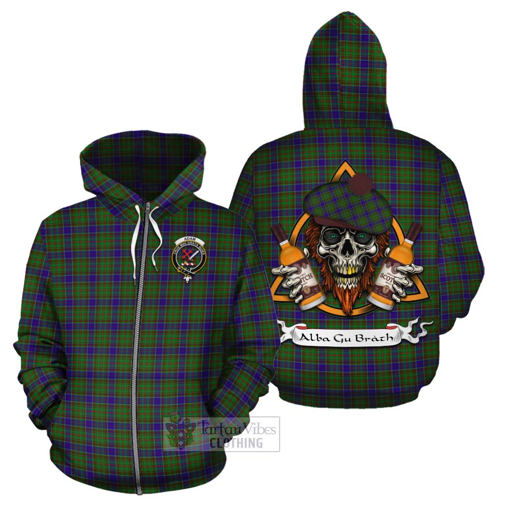 Tartan Vibes Clothing Adam Tartan Cotton Hoodie with Family Crest and Bearded Skull Holding Bottles of Whiskey