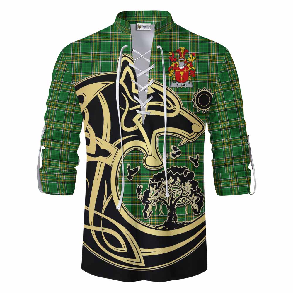 Tartan Vibes Clothing Adams Irish Tartan Ghillie Kilt Shirt with Coat of Arms Celtic Wolf Style