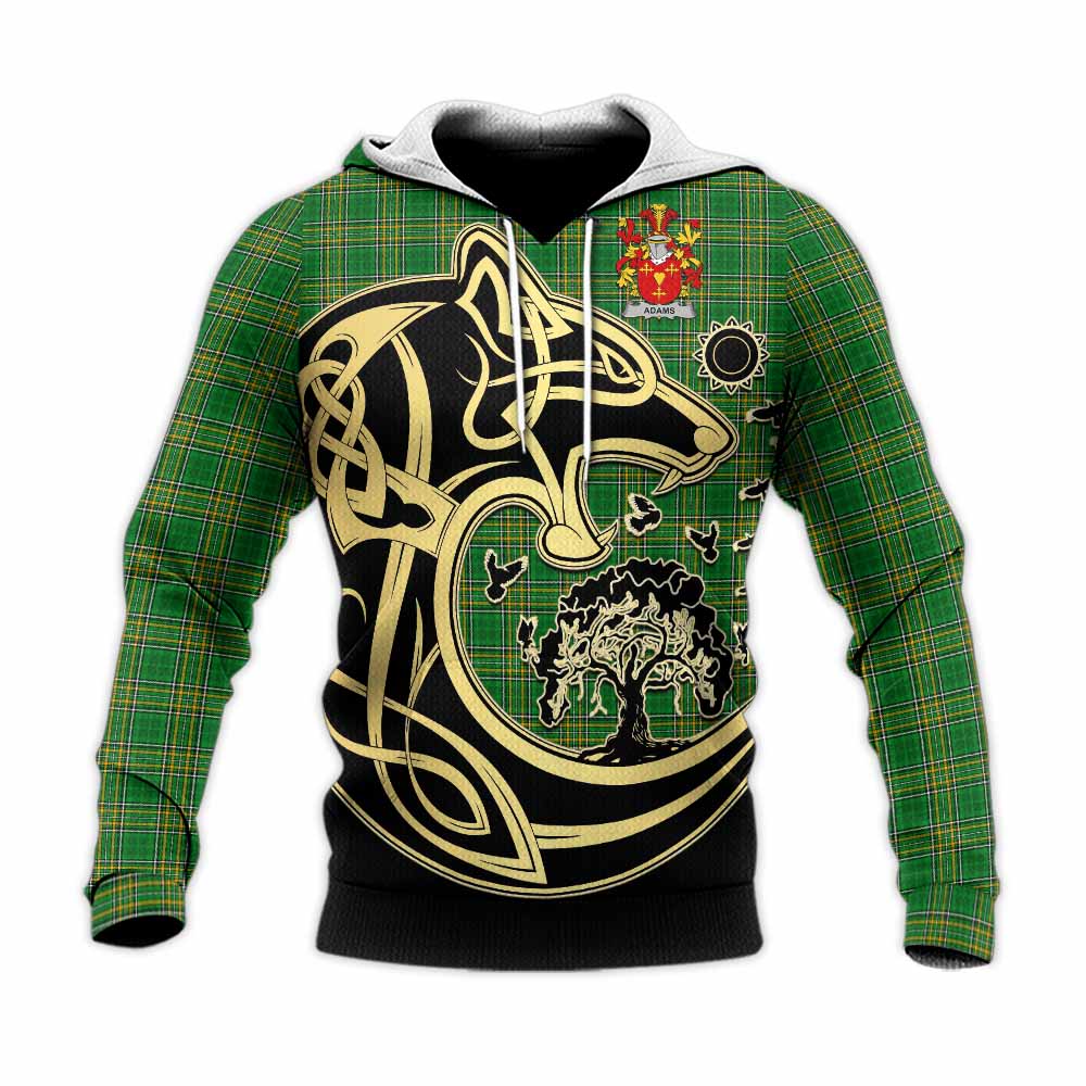 Tartan Vibes Clothing Adams Irish Tartan Knitted Hoodie with Coat of Arms Celtic Wolf Style