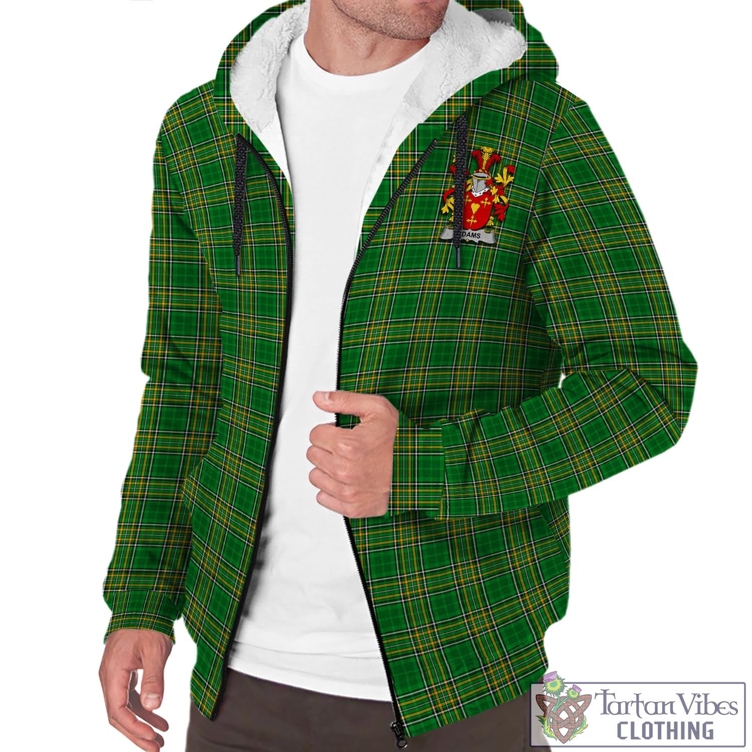 Tartan Vibes Clothing Adams Ireland Clan Tartan Sherpa Hoodie with Coat of Arms