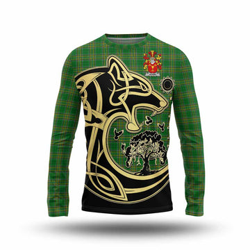 Adams Irish Tartan Long Sleeve T-Shirt with Coat of Arms Celtic Wolf Style