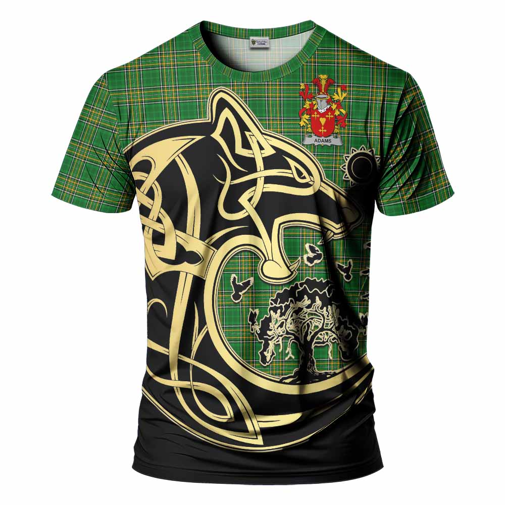 Tartan Vibes Clothing Adams Irish Tartan T-Shirt with Coat of Arms Celtic Wolf Style