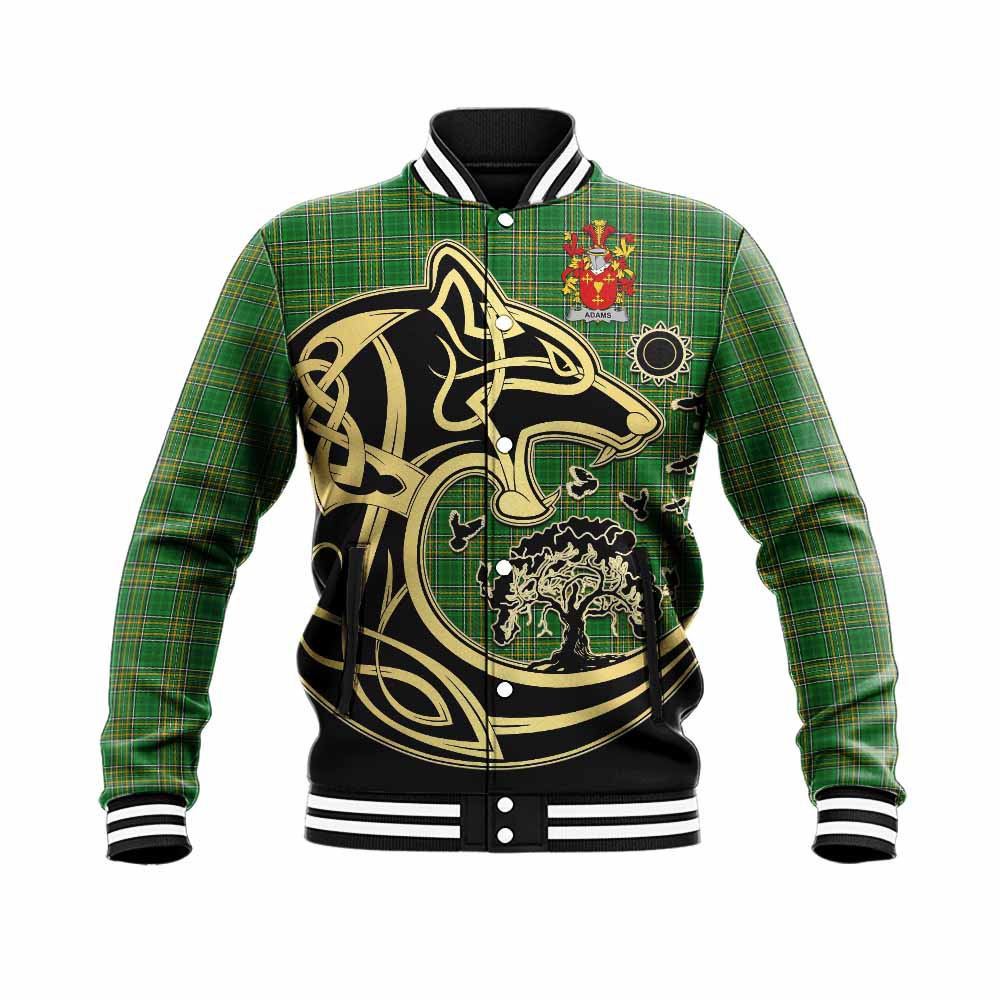 Tartan Vibes Clothing Adams Irish Tartan Baseball Jacket with Coat of Arms Celtic Wolf Style