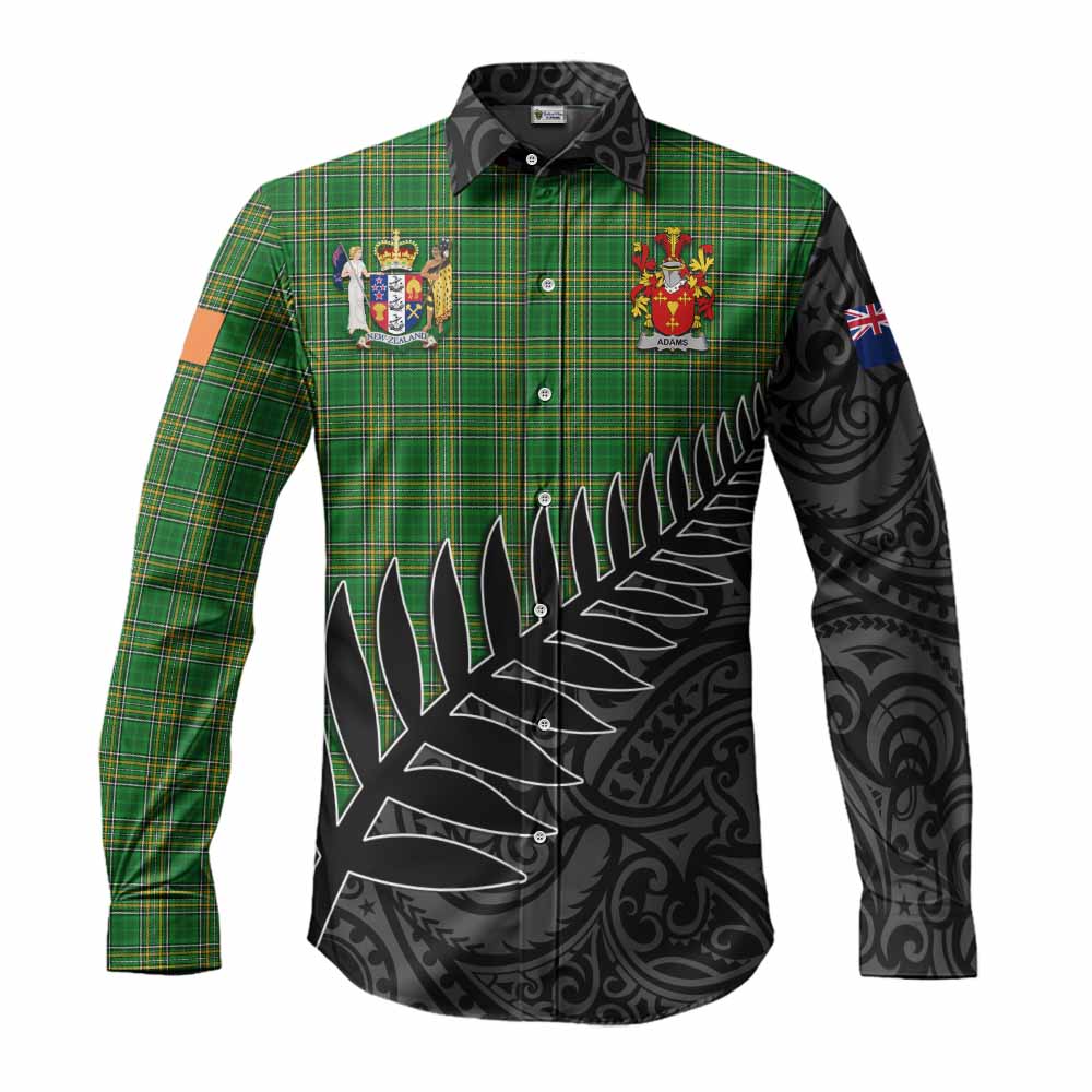 Tartan Vibes Clothing Adams Irish Clan Tartan Long Sleeve Button Shirt with Coat of Arms New Zealand Silver Fern Half Style