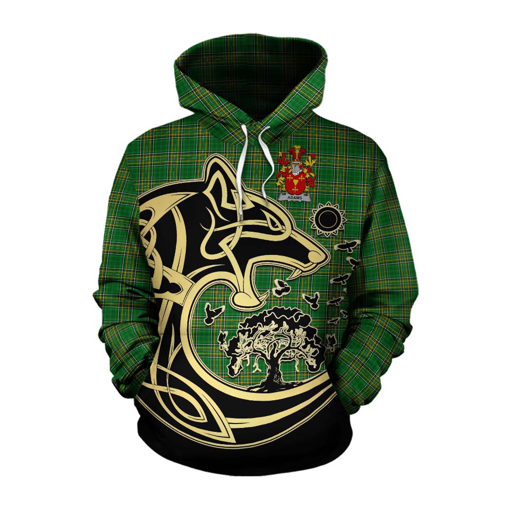 Tartan Vibes Clothing Adams Irish Tartan Cotton Hoodie with Coat of Arms Celtic Wolf Style