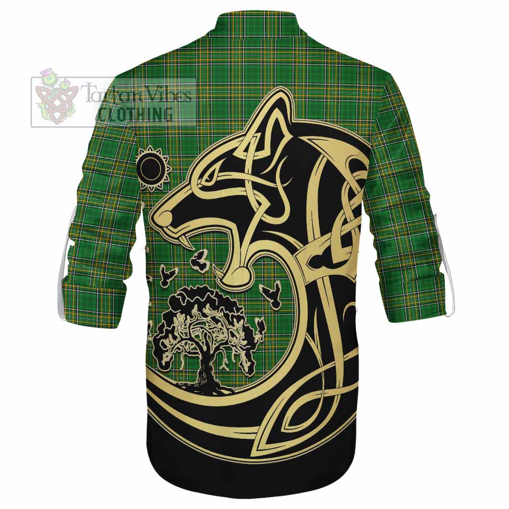 Tartan Vibes Clothing Adams Irish Tartan Ghillie Kilt Shirt with Coat of Arms Celtic Wolf Style