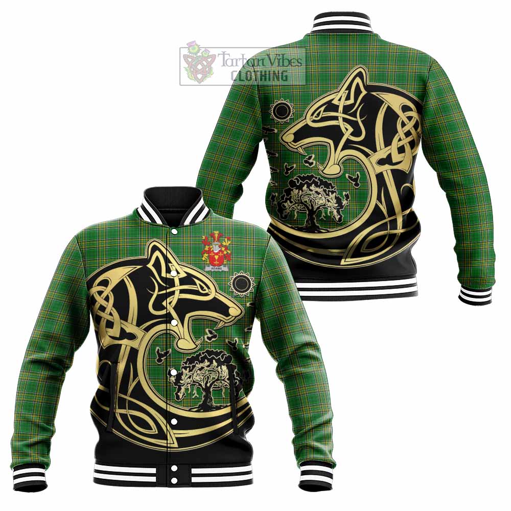 Tartan Vibes Clothing Adams Irish Tartan Baseball Jacket with Coat of Arms Celtic Wolf Style