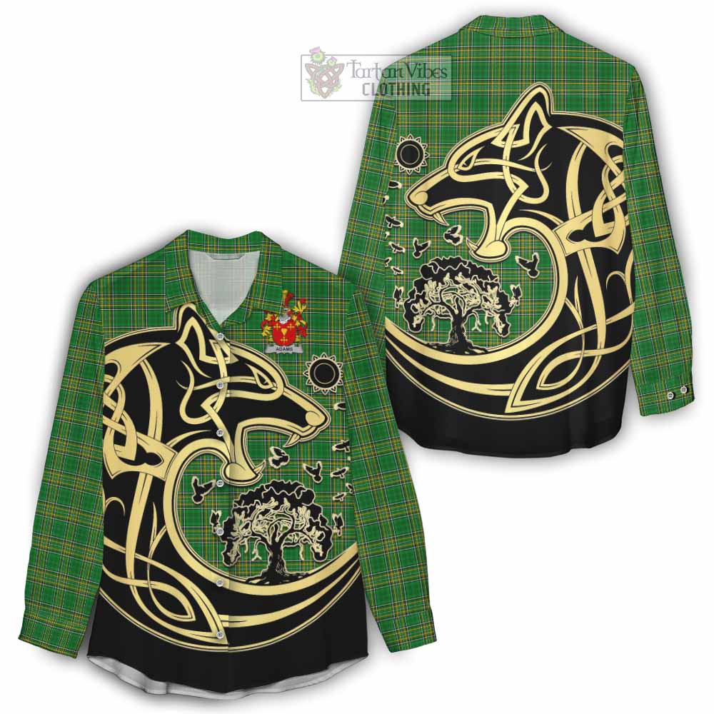 Tartan Vibes Clothing Adams Irish Tartan Women's Casual Shirt with Coat of Arms Celtic Wolf Style