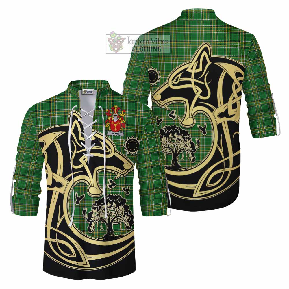 Tartan Vibes Clothing Adams Irish Tartan Ghillie Kilt Shirt with Coat of Arms Celtic Wolf Style