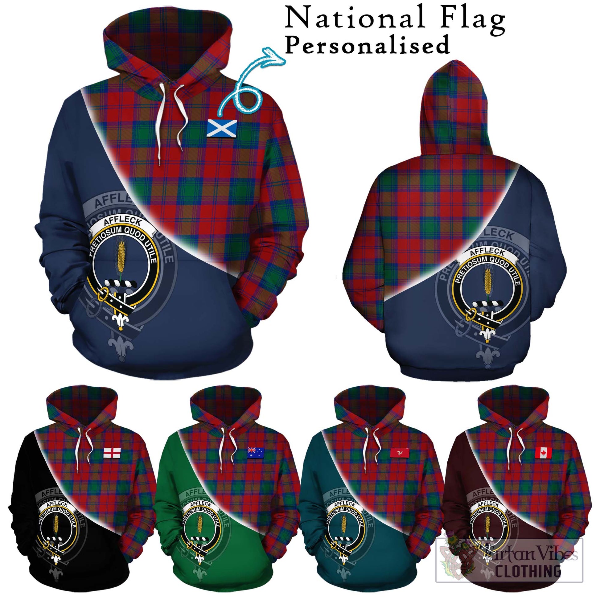 Tartan Vibes Clothing Affleck Tartan Hoodie with Personalised National Flag and Family Crest Half Style