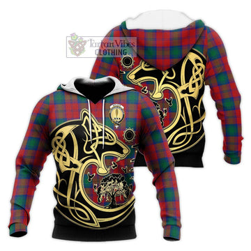 Affleck Tartan Knitted Hoodie with Family Crest Celtic Wolf Style